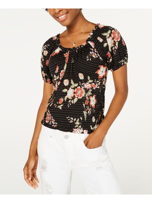 AMERICAN RAG Womens Black Floral Pouf Jewel Neck Evening Blouse XXS