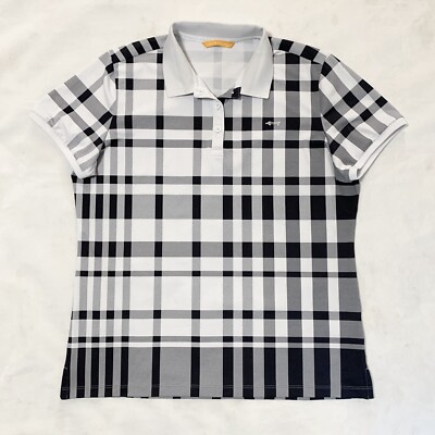 Louis Castel Golf Polo Shirt Womens Size 105 M Black White Check 1/4 Button EUC