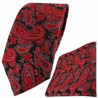 Tigertie Designer Krawatte + Einstecktuch Rot Schwarz Silber Paisley Gemustert