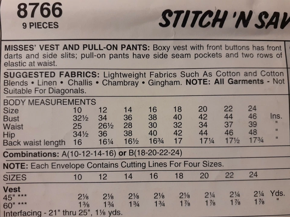 Vest Pull On Pants McCalls 8766 Sewing Pattern UC FF 10 12 14 16 Stitch N Save - Image 4 of 4