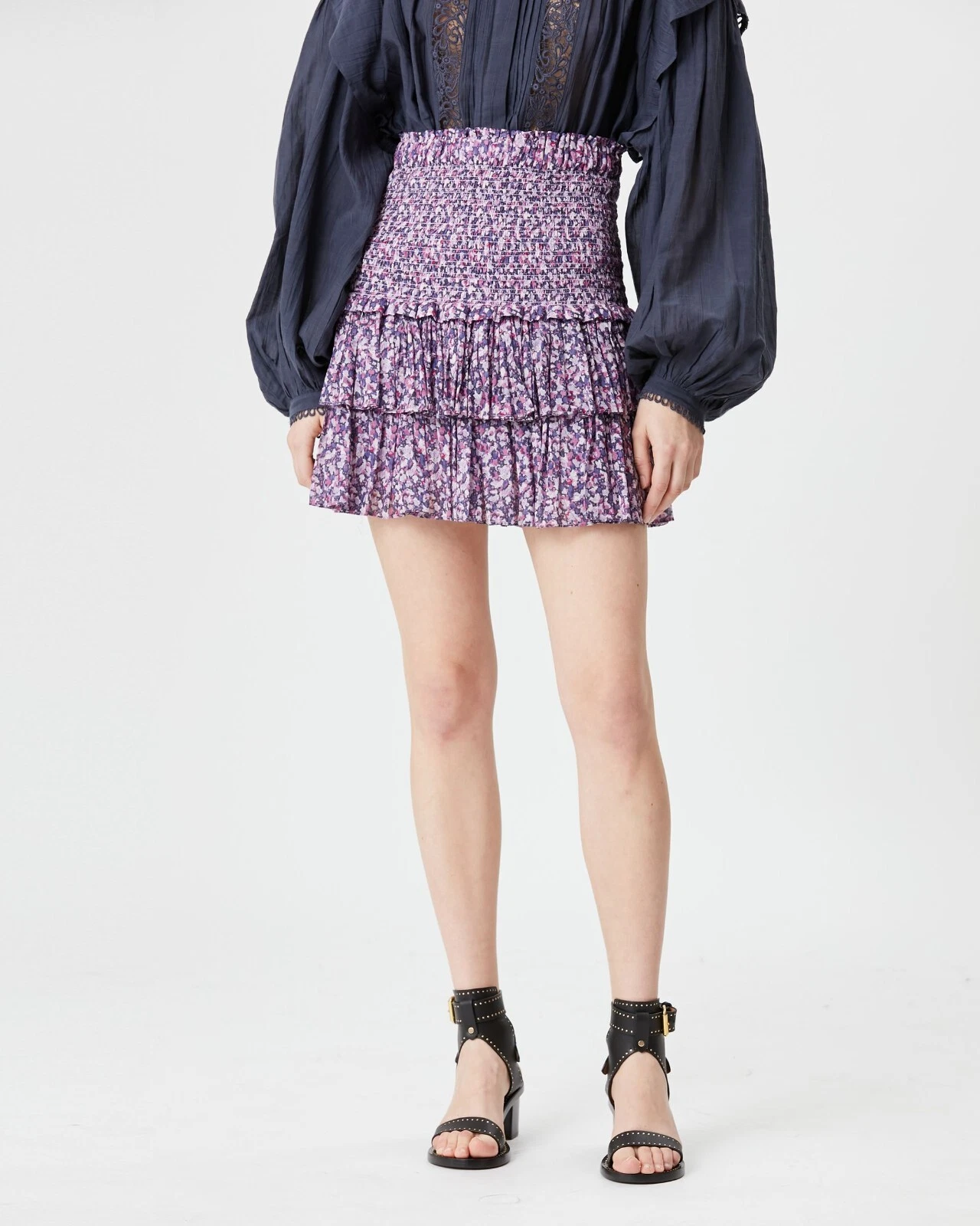 Isabel Marant Etoile Naomi Violet Smocked Women's Floral Printed Mini Skirt M 36