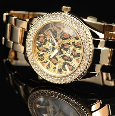 Damenuhr Quarz Armbanduhr Gold Bling glitzer Steinchen Leopard