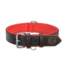 Large Black Red Riparo Leather Dog Collar Padded Heavy-Duty with Tag Holder