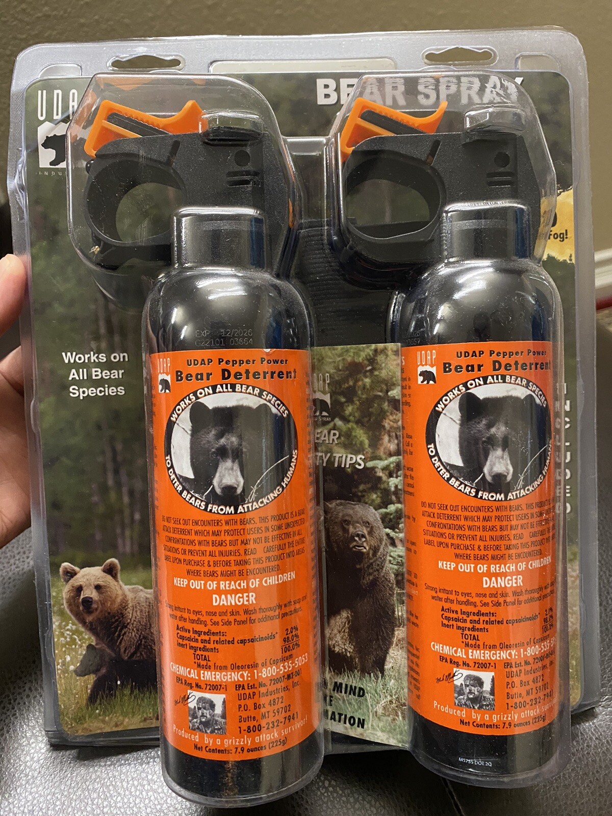 Lot of 2UDAP Pepper Power Bear Spray Repellant With 2 Holsters(30 Foot