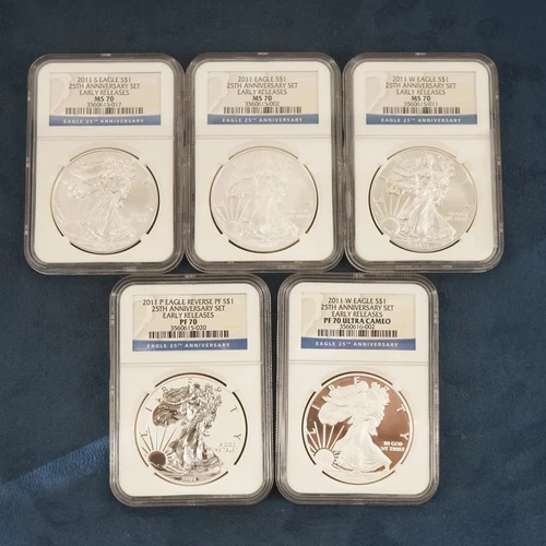 2011 American Silver Eagle MS/PF 70 NGC Early Releases 25th Anniv. 5 Coin Set