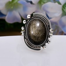 Natural Golden Sheen Obsidian Gemstone 925 Sterling Silver Ring Jewelry Gift.