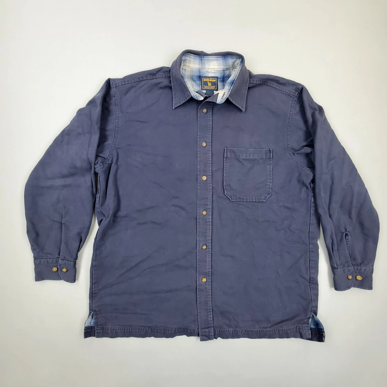 Woolrich Shacket Men L Blue Canvas Flannel Lined Button Up Outdoor Shirt Jacket