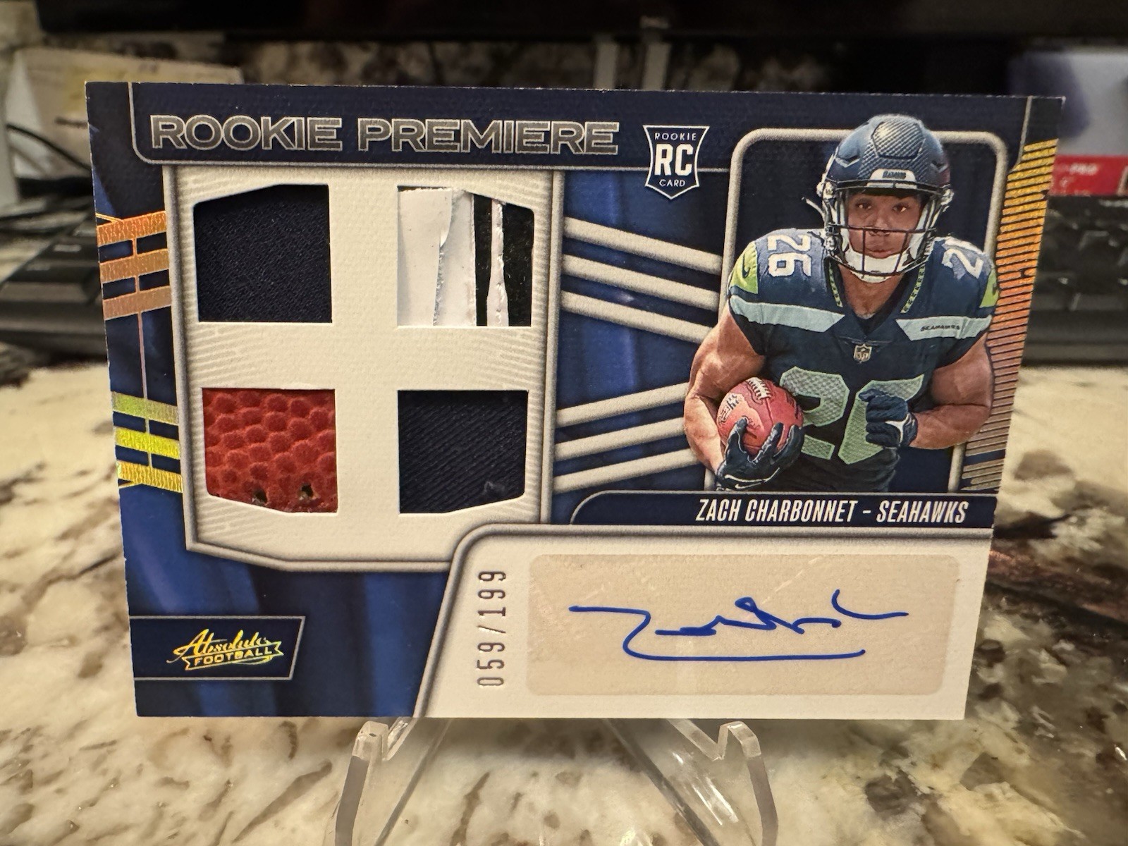 Zach Charbonnet Panini Absolute Rookie Premiere Materials Autographs Quad #RPMAZC Base