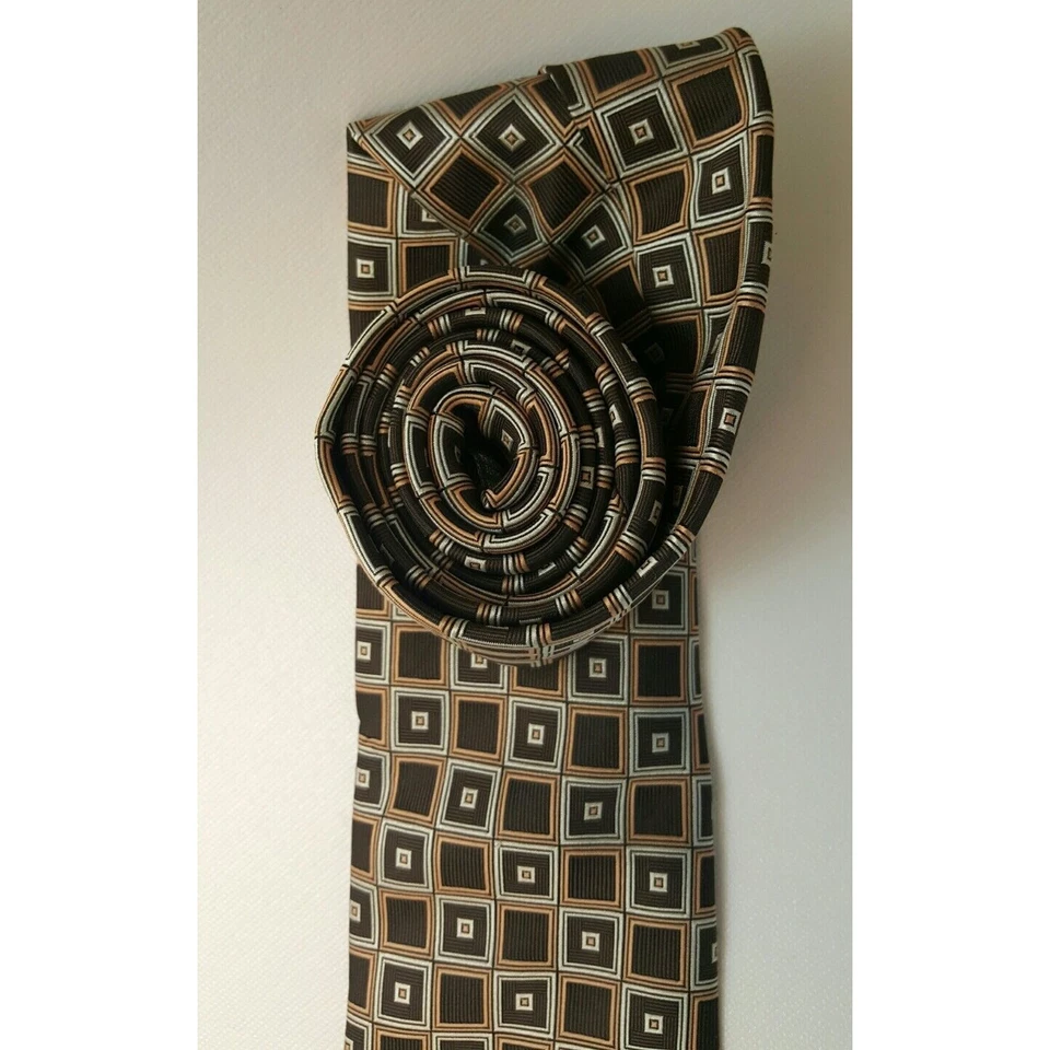 Alexander Julian Tie Brown Geometric Handmade 100% Polyester Squares Profession - Image 4 of 4