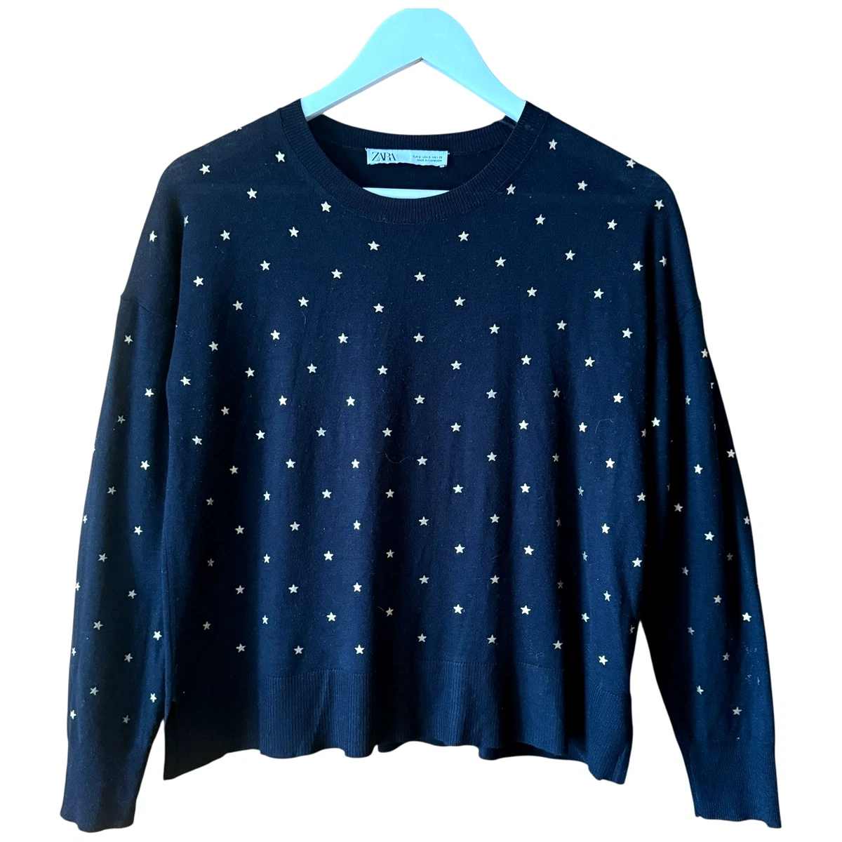 Zara Black Knit Jumper Gold Star Foil Print Boxy Round Neck Relaxed Fit Womens S