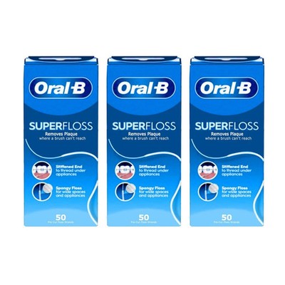 3x Oral B Dental SuperFloss - Zahnspange | Weite Räume | Brücken - 50 vorgeschnittene Strähnen