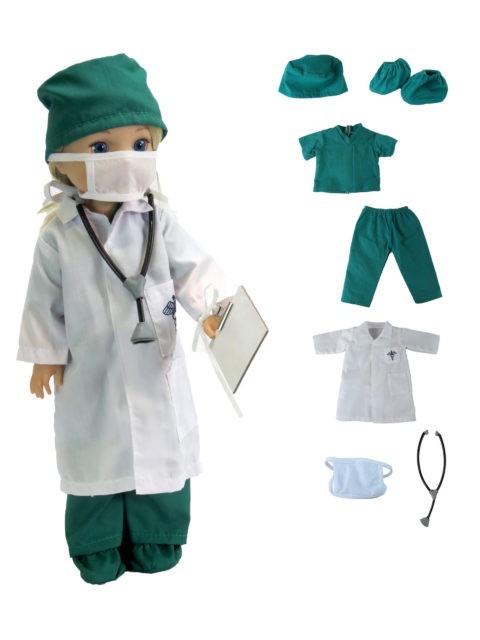 Green Doctor Outfit Costume Fits 14.5 Wellie Wisher American Girl Doll Clothing