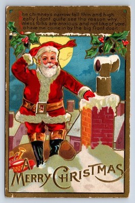 Vintage Postcard Christmas Santa Kris Kringle Series Rooftop Chimney Y6