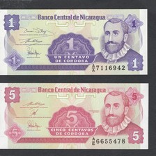 Nicaragua 2 note set, 1 and 5 Centavos Cordoba  / national flower 1990, UNC