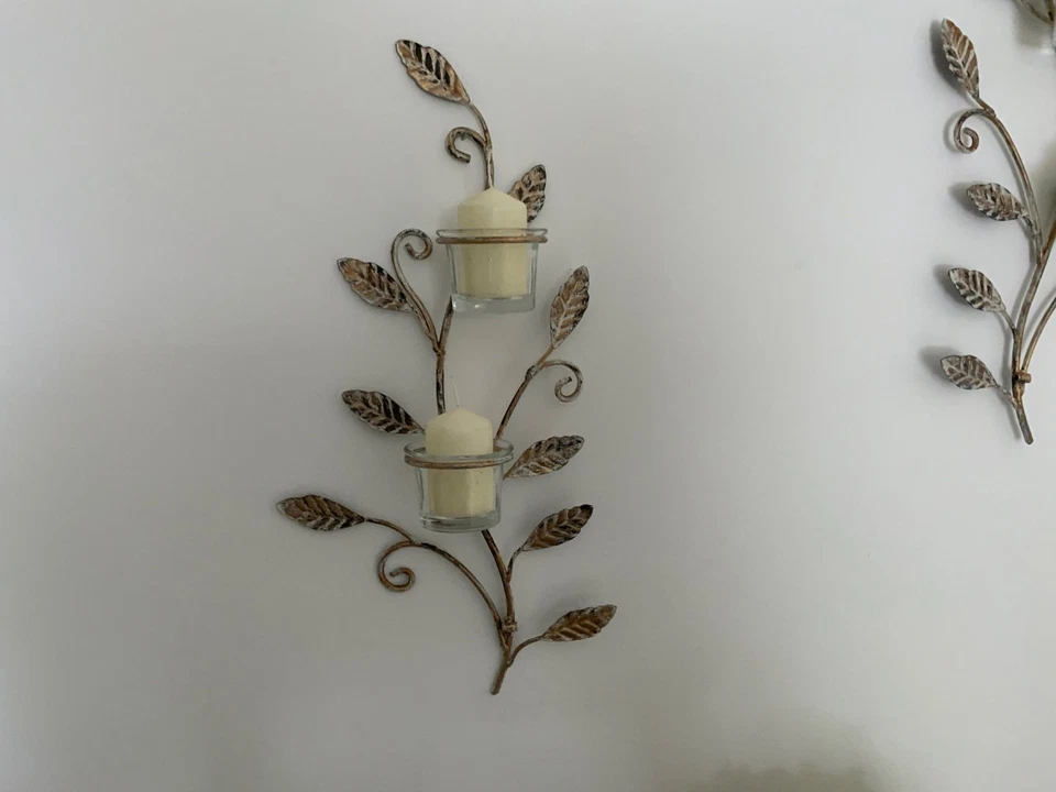 Metal leaf candle sconces pair distressed gold with glass candle holders - Image 4 of 4