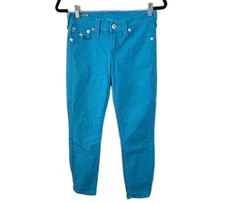 True Religion Brooklyn Flaps Pockets Aqua Blue Women's Size 27 Skinny Jeans USA