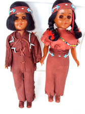 2 VINTAGE-Native American Indian 11" Dolls-LEATHER & BEADS-w/ Baby Papoose