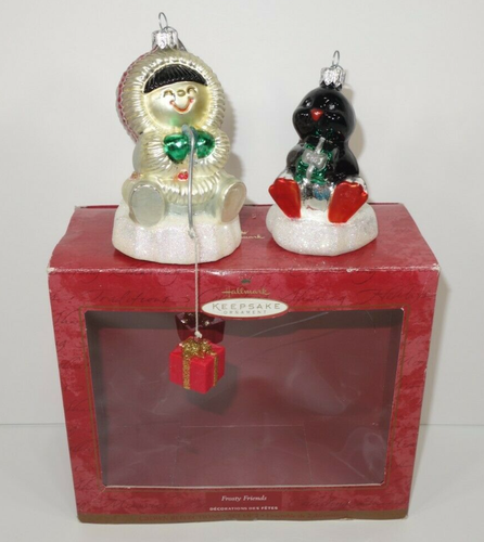 Hallmark Keepsake 2000 Frosty Friends Eskimo Penguin Blown Glass Ornaments Set 2