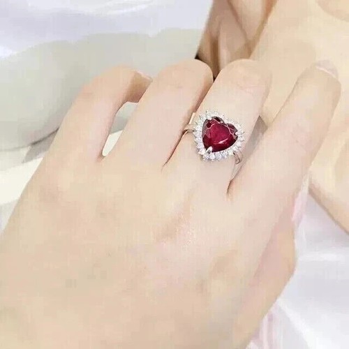 AAA 3.80 Ct Heart Cut Natural Ruby Diamond Engagement Ring 14K White Gold Solid - Picture 5 of 6