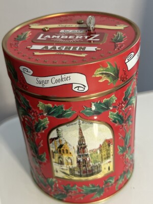 2005 Lambertz German Music Box Sugar Cookie Christmas Tin Red Holly Germany
