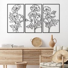 3 Pcs Black Metal Wall Art Minimalist Wall Decor for Bedroom Flowers Wall Dec...