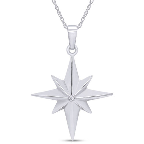 North Star Pendant Necklace Natural Diamond Accent 14K Gold Plated Silver 1/20Ct - Photo 1 sur 9