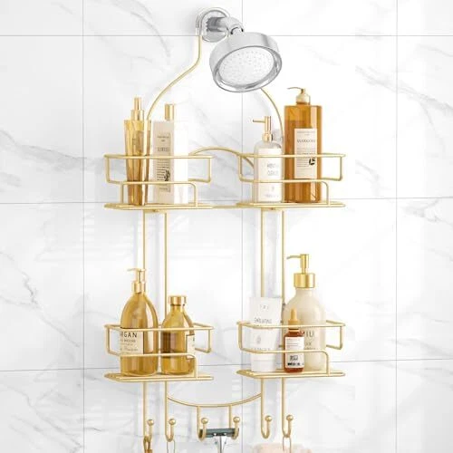 Shower Caddy Hanging, Bathroom Shower Organizer, No Drilling Shower Gold
