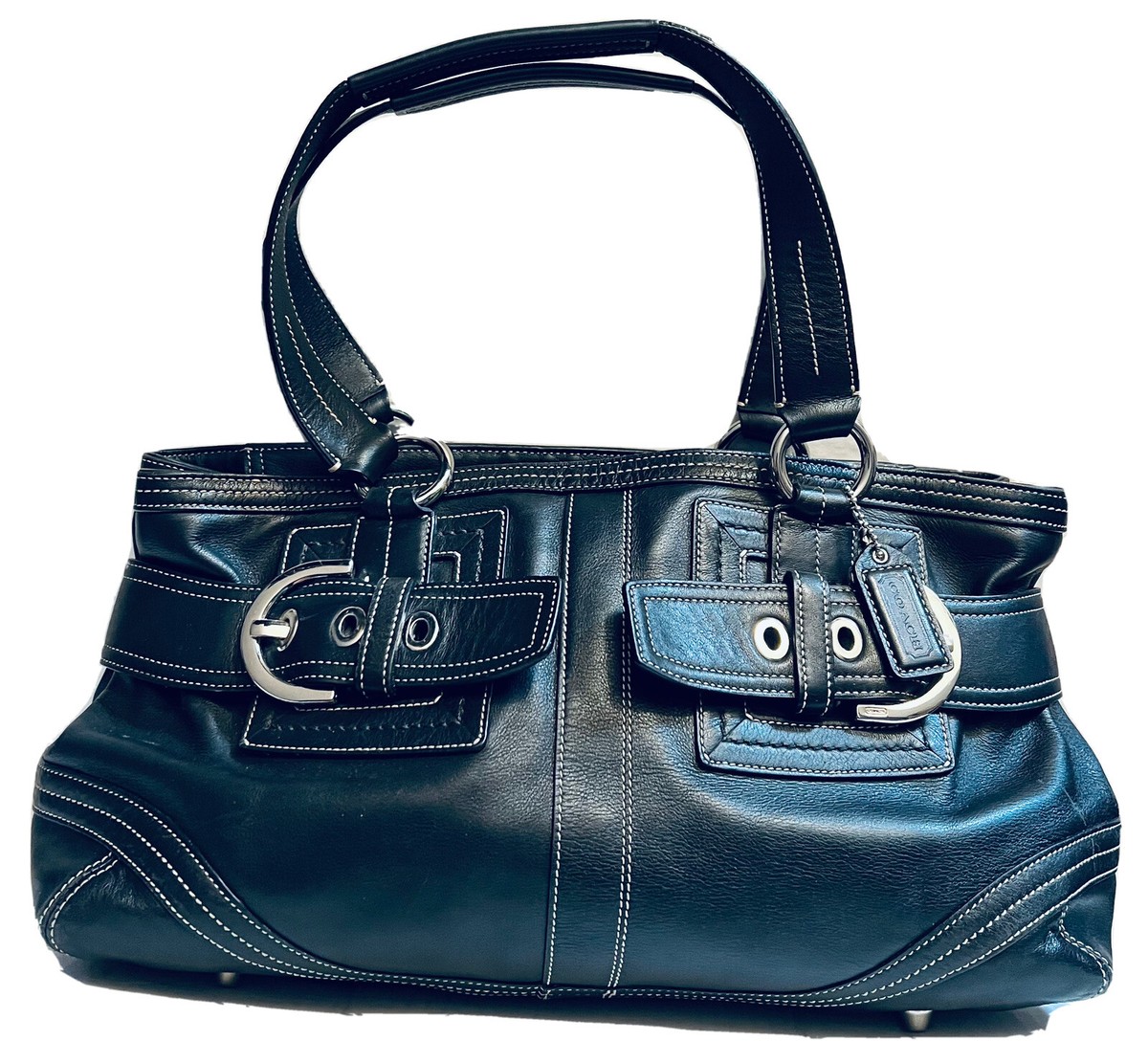 バッグ Coach Soho Black Leather Satchel Bag COACH Vintage SOHO Satchel Buckle Flap Cowhide Leather Bag