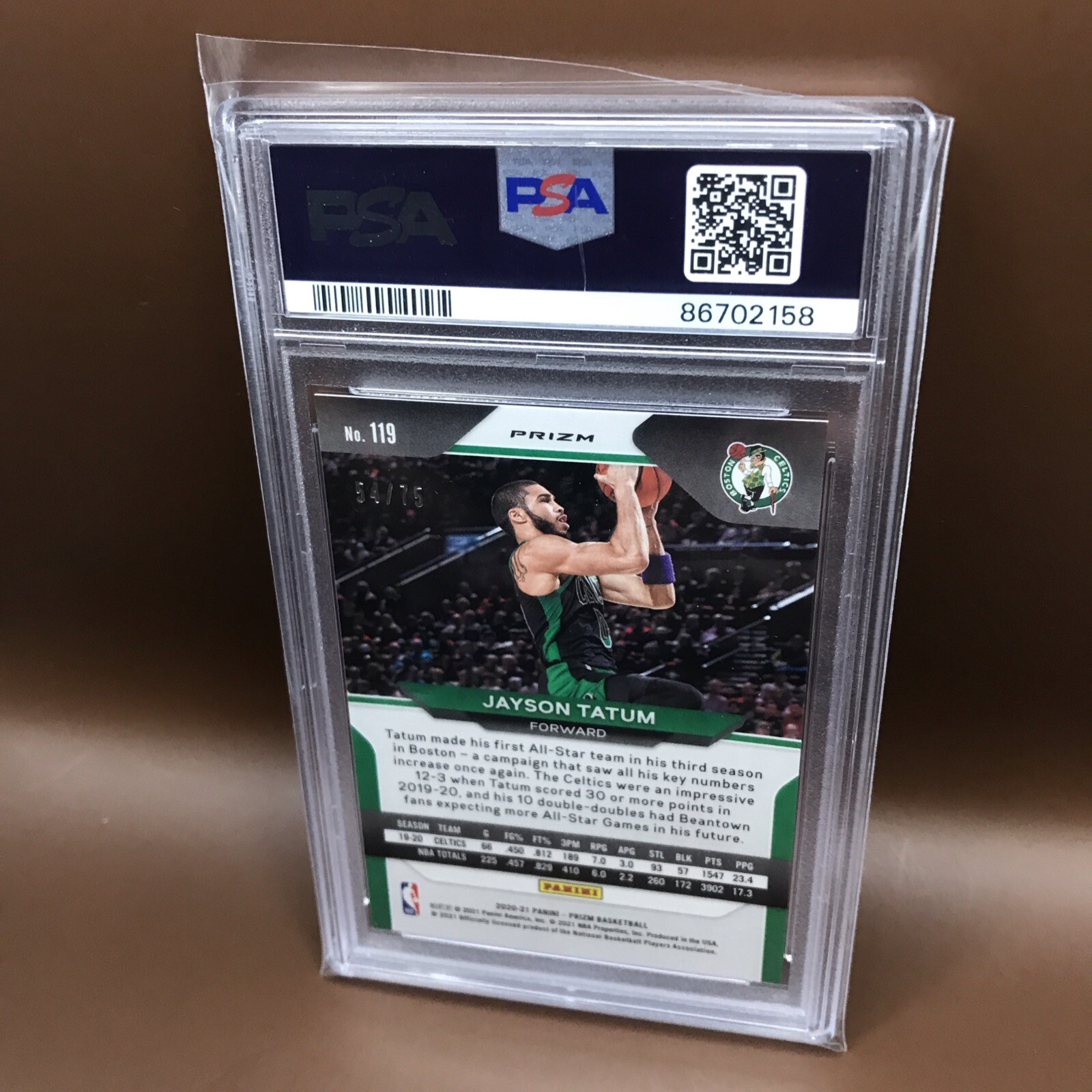 JAYSON TATUM 2020 PANINI PRIZM FAST BREAK PURPLE 64/75 PSA 10 view 2
