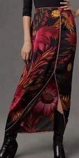Farm Rio x Anthropologie Women’s Skirt Wrap Front Slit Pink Black Floral Silky L
