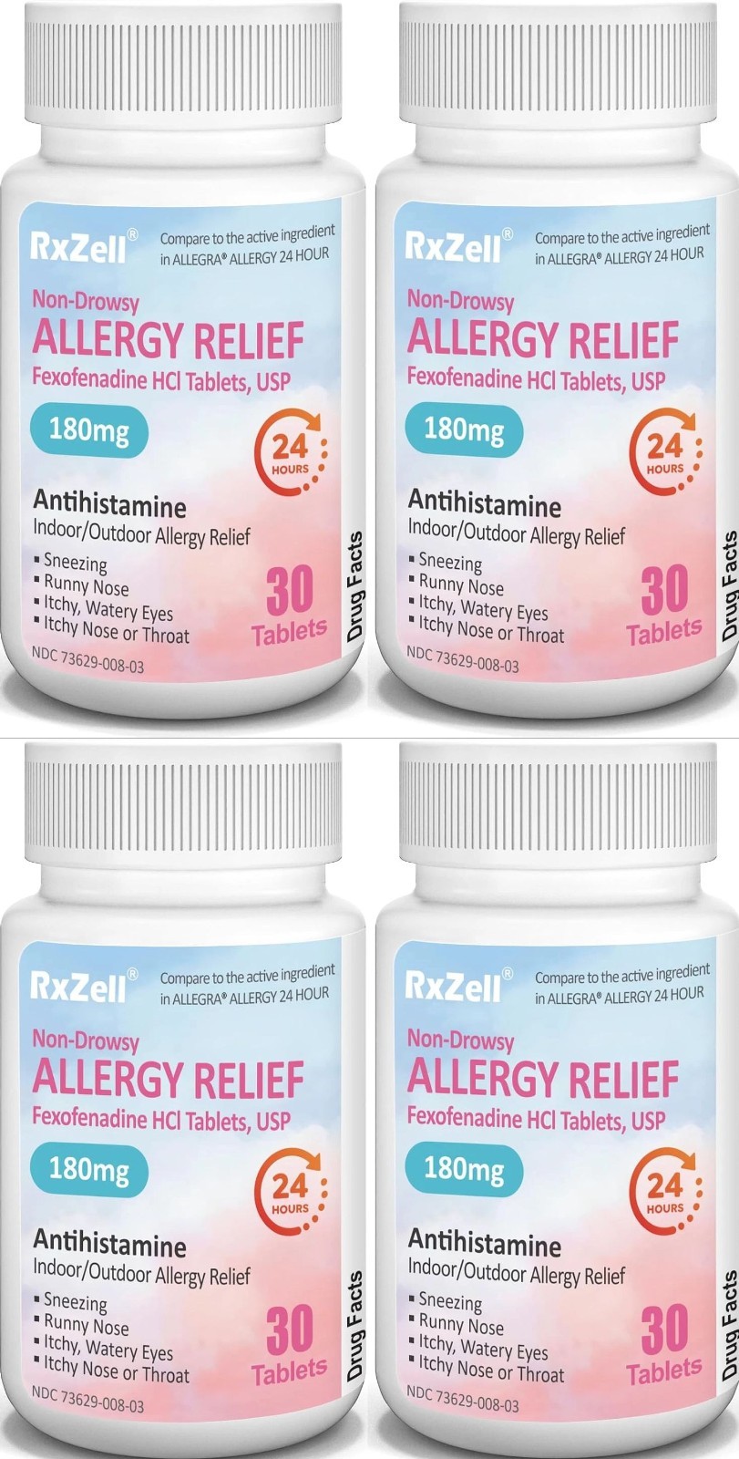 4 Pk Allergy Relief Fexofenadin HCl 180mg 24-Hr Antihistamine Non-Drowsy 30 3/27