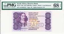Reserve Bank South Africa 5 Rand ND(1989-90) Prefix AA PMG  68EPQ