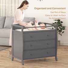 Wooden Baby Changing Table with Safety Rail, 3-Drawer Dresser for Newborns Gray