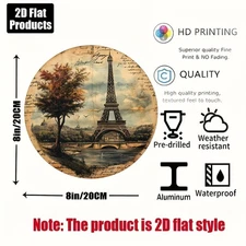 1pc Vintage Paris Eiffel Tower Metal Wall Art - 8x8 Inch Round Aluminum Decorat