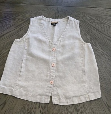 Finity Naturals 100% Linen Beige Sleeveless V-Neck Button Front Blouse Size 14