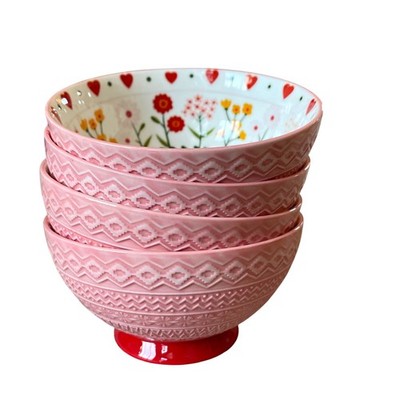 Potter's Studio Valentine Heart Floral Embossed Bowls 5.25in Pink Set of 4 NEW