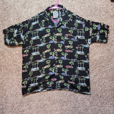 Ocean Current Men s Hawaiian Shirt w/ Vintage Cars & Palm Trees Large Rayon