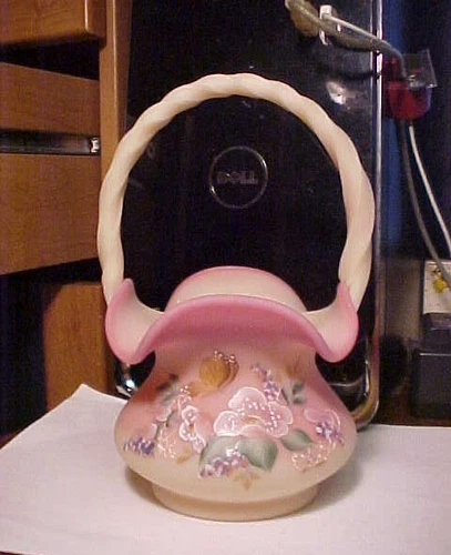 Vintage 8" Fenton Uranium Glow Burmese Art Glass HP Florals Dec Basket # 316/790
