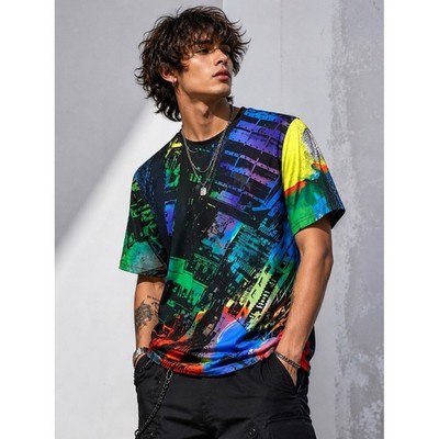 PRPS Men's Large Neon Cityscape Graphic T Shirt All Over Print Urban Streetwear