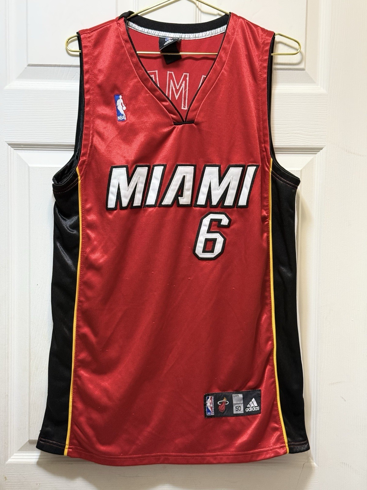 Adidas Miami Heat James #6 NBA Jersey Red Black White Yellow Size 50 Basketball