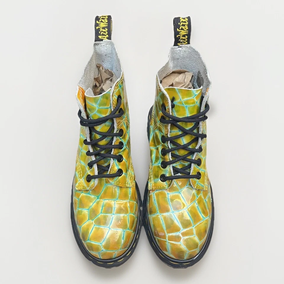 Botas de Combate De Colección Y2K Docs Dr Martens Amarillo Patente de Cocodrilo Hechas en Inglaterra 3UK Foto 3 de 4