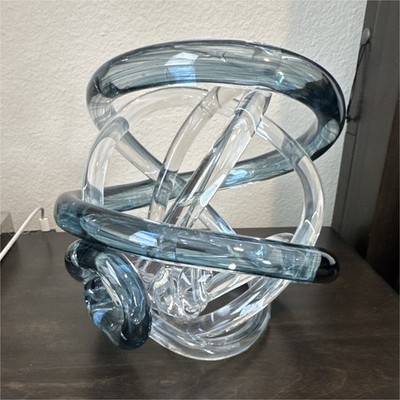 Abstract Blue & Clear Glass Sculpture Twisted Loop Design Contemporary Decor