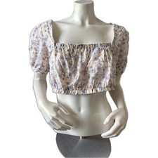 NWT Floral Crop Top Square Neck Puff Sleeve Tie Back Cottagecore Blouse Medium
