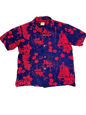 VTG 60s Ui-Maikai Hawaiian Shirt L Cotton Barkcloth Red Navy Tiki Aloha Vintage
