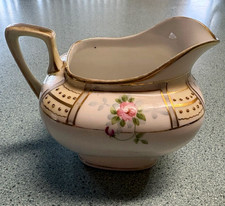 Nippon Hand Painted Porcelain Gravy Boat Floral White Pink Green Gold Handle
