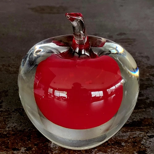 Art Glass Red Clear Apple Paperweight Encased Heavy Teacher Gift