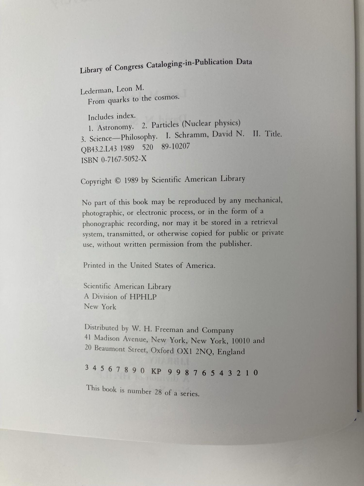 From Quarks to the Cosmos Tools of Discovery by Leon M Lederman, David N. 1st Ed