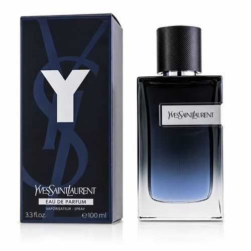 Black bottle of Yves Saint Laurent Y Eau de Parfum 3.3 oz with silver cap and gold “Y” logo on front label.