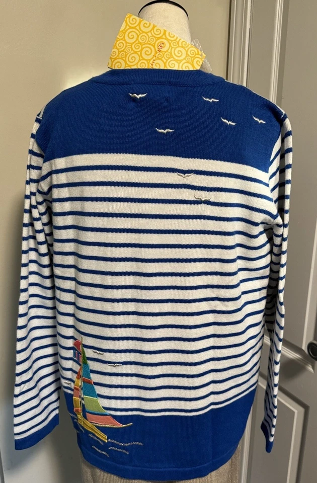 QUACKER FACTORY Sweater Lighthouse Seagull Sailboat Waterfront Cardigan M NEW - Image 2 of 4