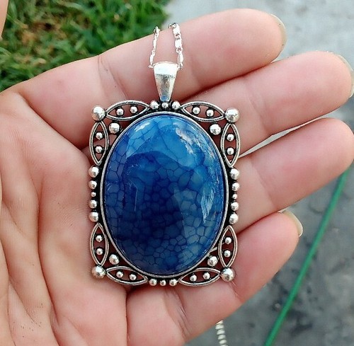 Beautiful Blue Dragons Vein Set On Silver Plated Bezel With Necklace - Picture 8 of 8